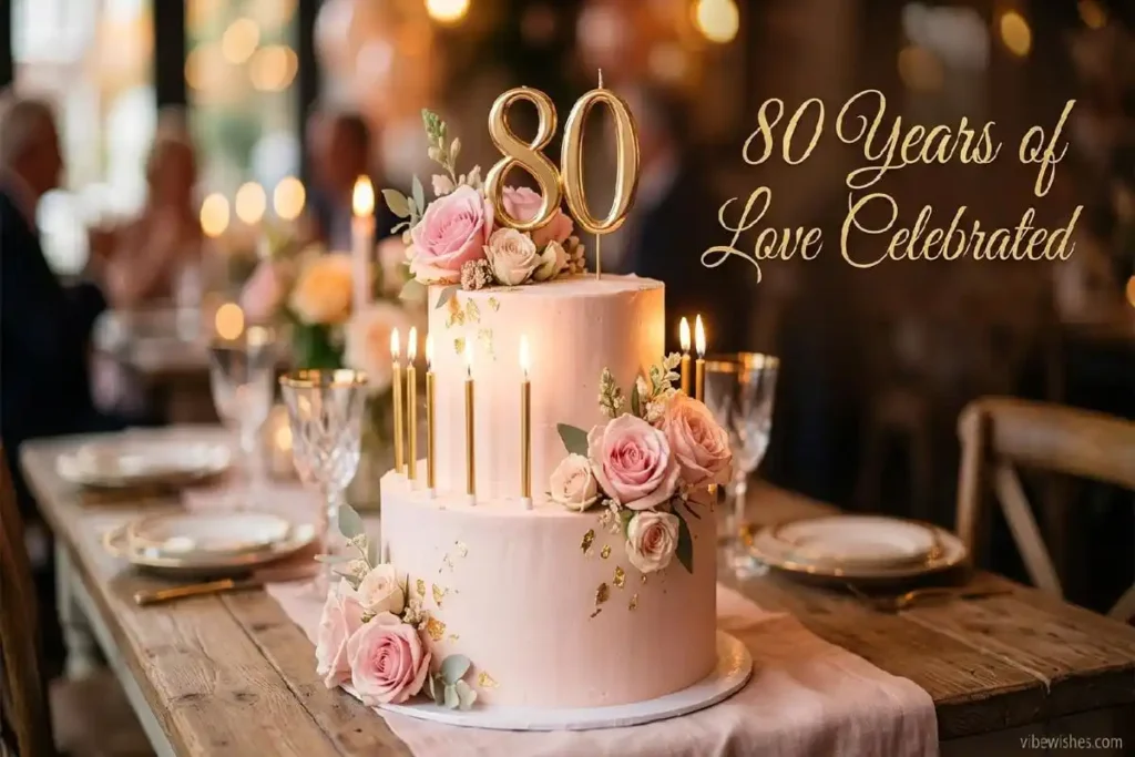 "Elegant 80th birthday cake with gold number topper and roses, celebrating mom's legendary milestone birthday"