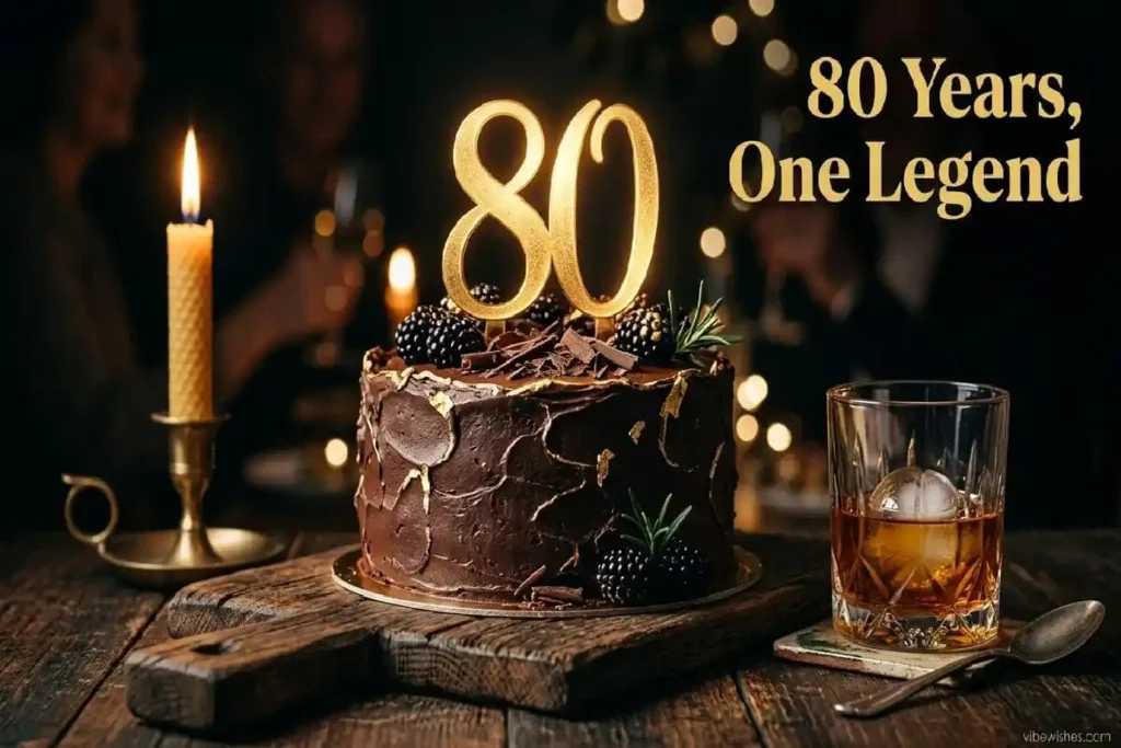 "Elegant 80th birthday cake with gold number topper and whiskey glass, celebrating dad's legendary milestone 80th birthday"