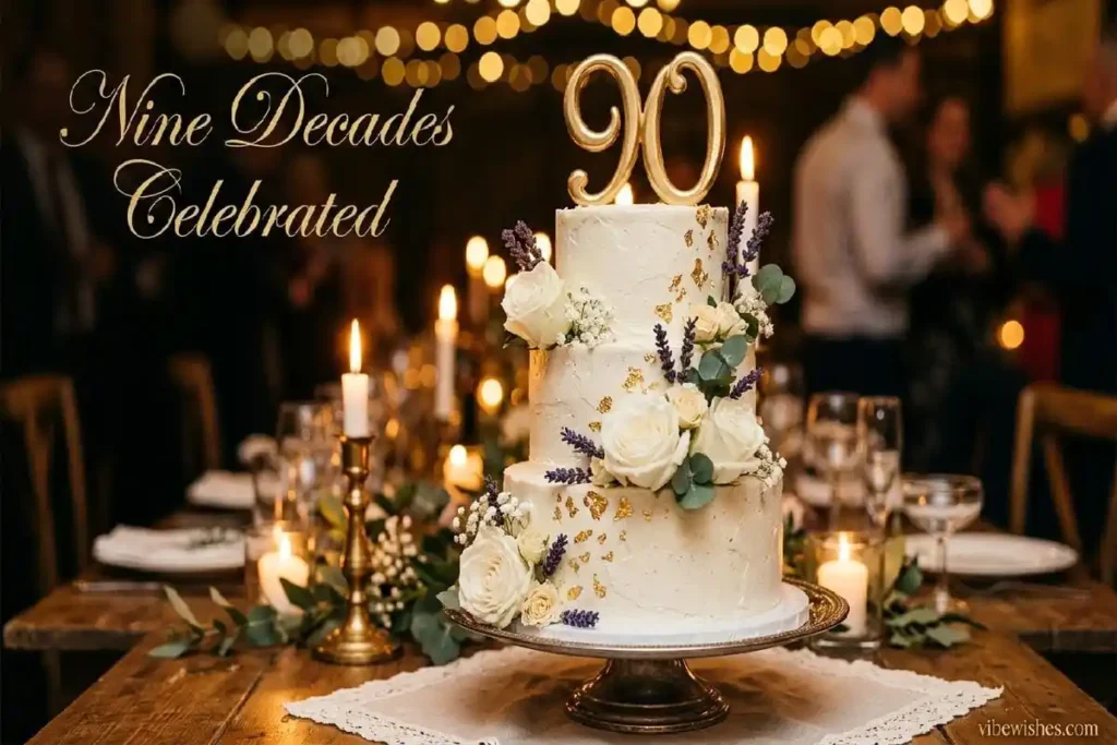 "Elegant 90th birthday cake with gold number topper and white roses, celebrating sacred milestone of nine decades of life and blessings"