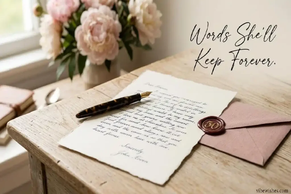 Handwritten heartfelt letter with elegant stationery and flowers as meaningful budget-friendly 50th birthday gift