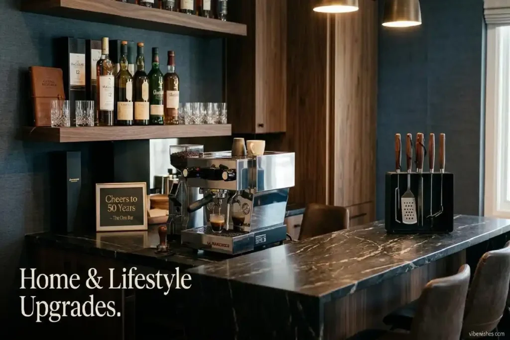 "Premium home and lifestyle upgrades including coffee machine and bar setup representing 50th birthday gift ideas for him"