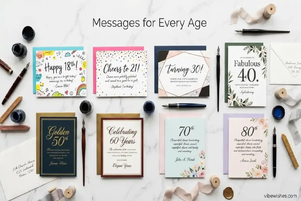 "Collection of milestone birthday cards for every age from 18 to 80 showing what to write for each milestone birthday"