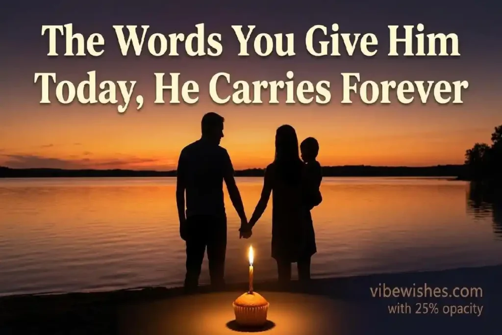 Father and son standing together at sunset on 21st birthday with candle