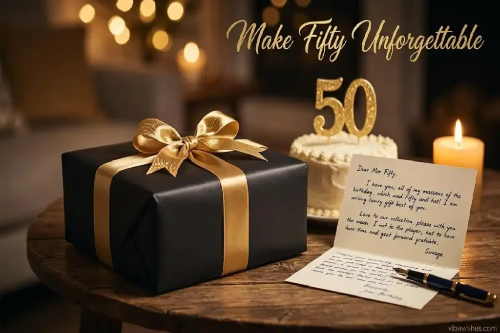 "Elegantly wrapped 50th birthday gift with card representing thoughtful special presents for husband turning 50"