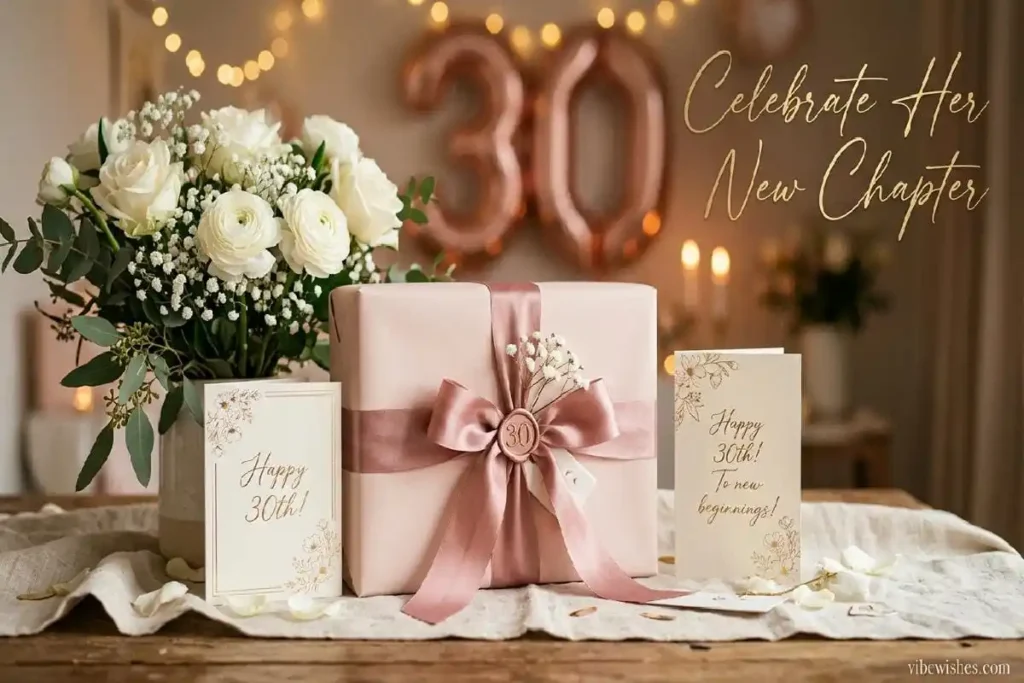 "Elegantly wrapped 30th birthday gift with flowers and balloons representing thoughtful presents celebrating woman's new chapter"