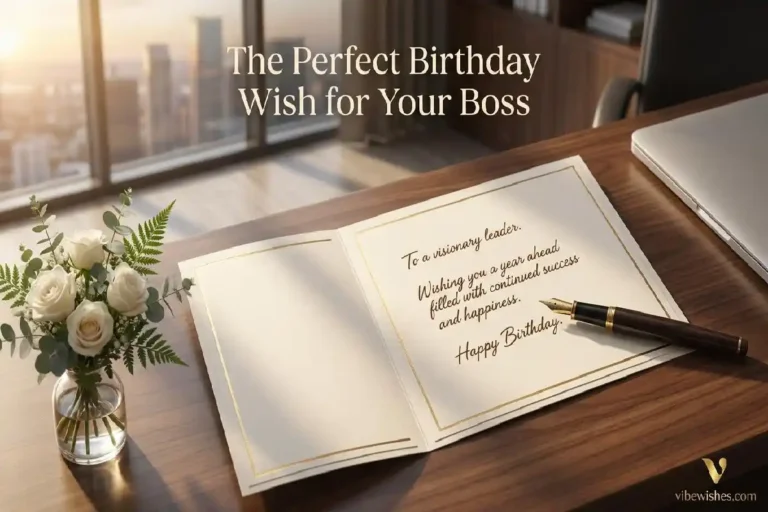 "Elegant birthday card with handwritten message on executive desk representing the perfect birthday wishes for boss"