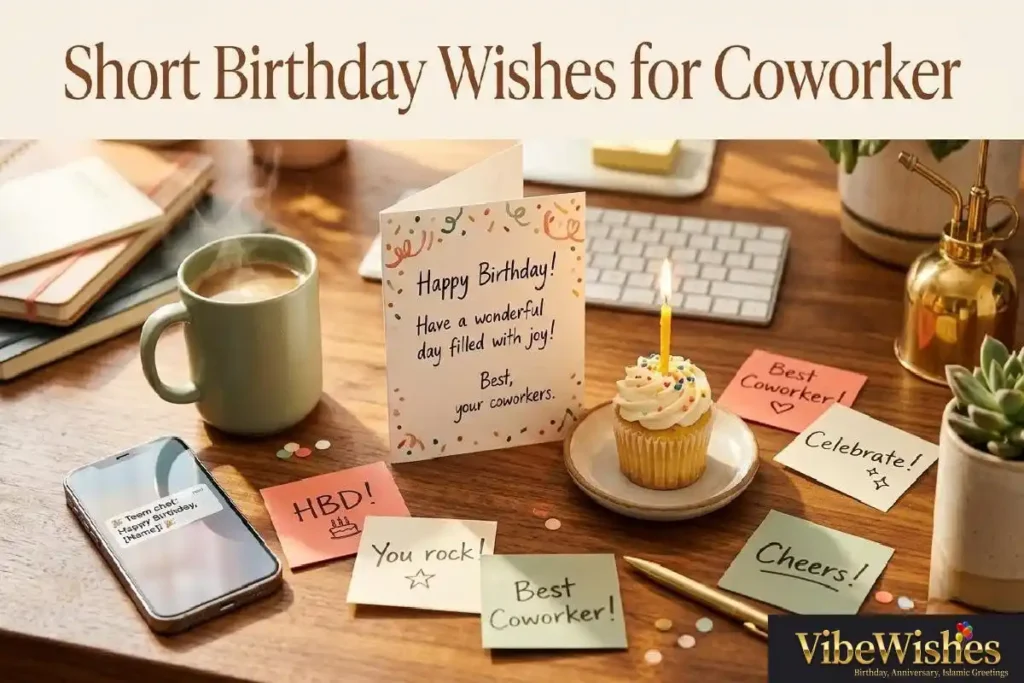 "Birthday card and smartphone on office desk showing short birthday wishes for coworker ready to copy and send"