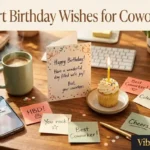 "Birthday card and smartphone on office desk showing short birthday wishes for coworker ready to copy and send"
