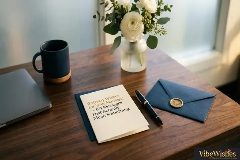 "Elegant birthday card and pen on professional desk representing heartfelt birthday wishes for manager from a grateful employee"