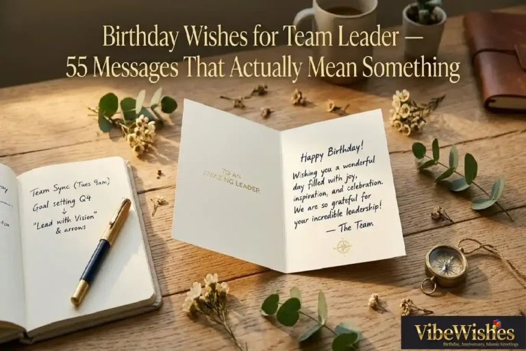 "Birthday card with fountain pen and team leadership symbols on warm desk representing heartfelt birthday wishes for team leader"