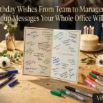 "Large birthday card signed by whole team with multiple pens and handwritten messages representing birthday wishes from team to manager"
