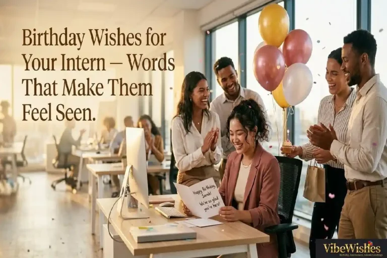"Young office intern celebrating birthday with coworkers gathered around showing genuine birthday wishes that make interns feel valued and included"