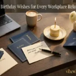 "Professional birthday card on office desk with fountain pen and coffee showing workplace birthday wishes for coworkers bosses and clients"