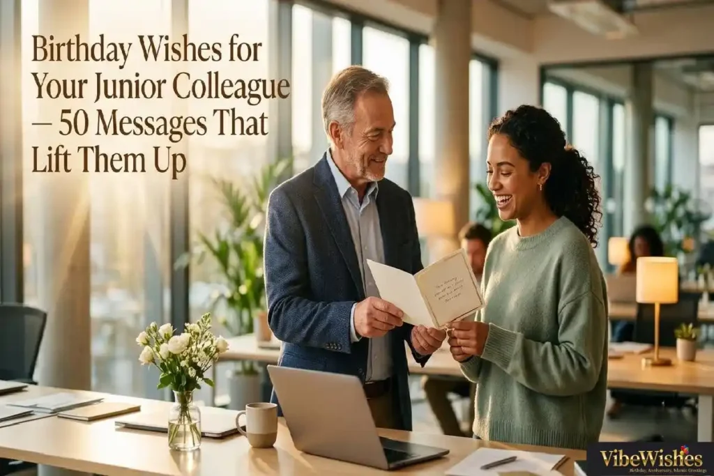 "Senior colleague handing birthday card to junior team member showing warm and supportive birthday wishes that make junior staff feel valued"