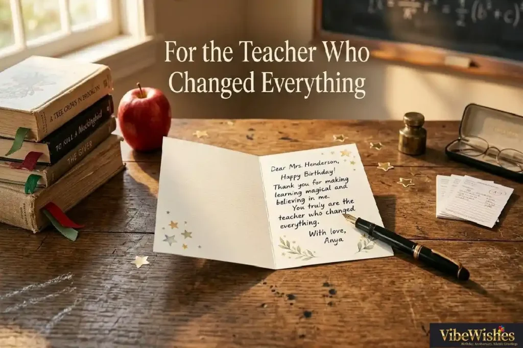"Handwritten birthday card on teacher's desk with books, apple and fountain pen representing heartfelt birthday wishes for teacher from grateful students"