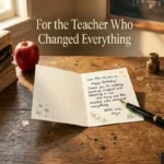 "Handwritten birthday card on teacher's desk with books, apple and fountain pen representing heartfelt birthday wishes for teacher from grateful students"