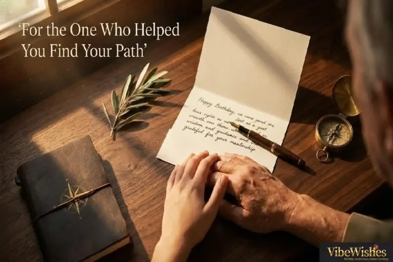 "Elegant birthday card with fountain pen and compass on dark walnut surface representing deep and heartfelt birthday wishes for mentor who shaped your path"