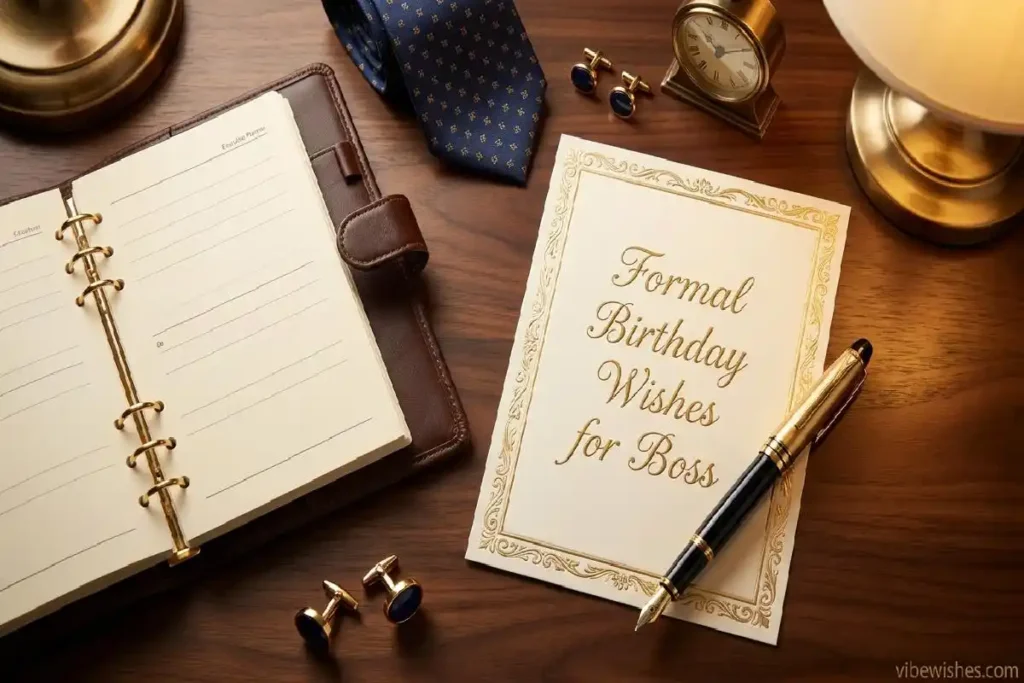 "Elegant executive desk with formal birthday card, fountain pen and professional accessories representing formal birthday wishes for boss"