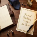 "Elegant executive desk with formal birthday card, fountain pen and professional accessories representing formal birthday wishes for boss"