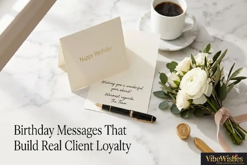 "Elegant birthday card with fountain pen and white roses on marble surface representing professional birthday wishes for client that strengthen business relationships"