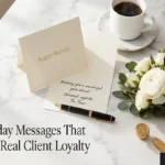 "Elegant birthday card with fountain pen and white roses on marble surface representing professional birthday wishes for client that strengthen business relationships"