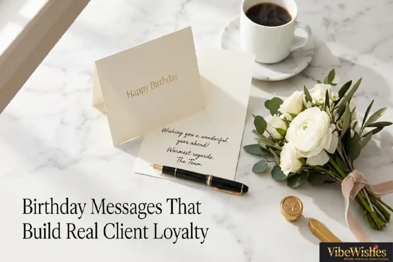 "Elegant birthday card with fountain pen and white roses on marble surface representing professional birthday wishes for client that strengthen business relationships"