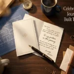 "Two elegant birthday cards on walnut desk with coffee cups and compass representing birthday wishes for business partner celebrating shared journey and achievements"