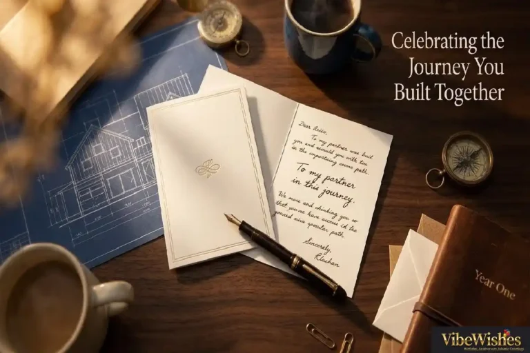 "Two elegant birthday cards on walnut desk with coffee cups and compass representing birthday wishes for business partner celebrating shared journey and achievements"