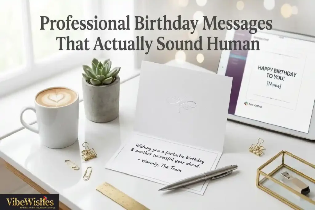 "Elegant corporate birthday card with silver pen and coffee on modern white desk representing polished professional corporate birthday wishes for every workplace relationship"