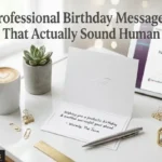 "Elegant corporate birthday card with silver pen and coffee on modern white desk representing polished professional corporate birthday wishes for every workplace relationship"