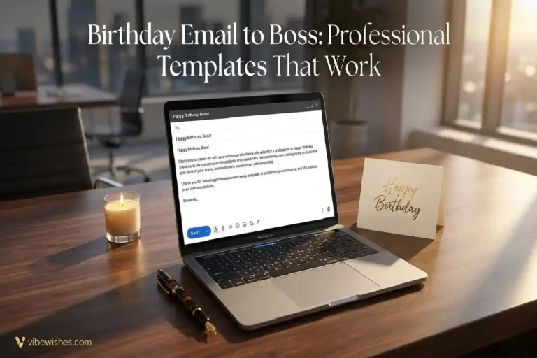 "Sleek laptop on executive desk displaying a professional birthday email to boss with fountain pen and birthday card"