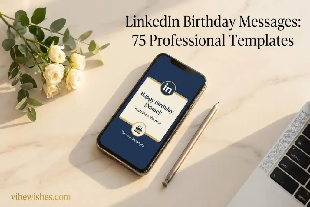 "Smartphone displaying LinkedIn birthday notification on marble desk representing professional LinkedIn birthday message templates"