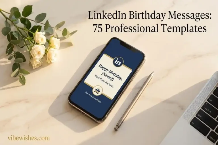 "Smartphone displaying LinkedIn birthday notification on marble desk representing professional LinkedIn birthday message templates"