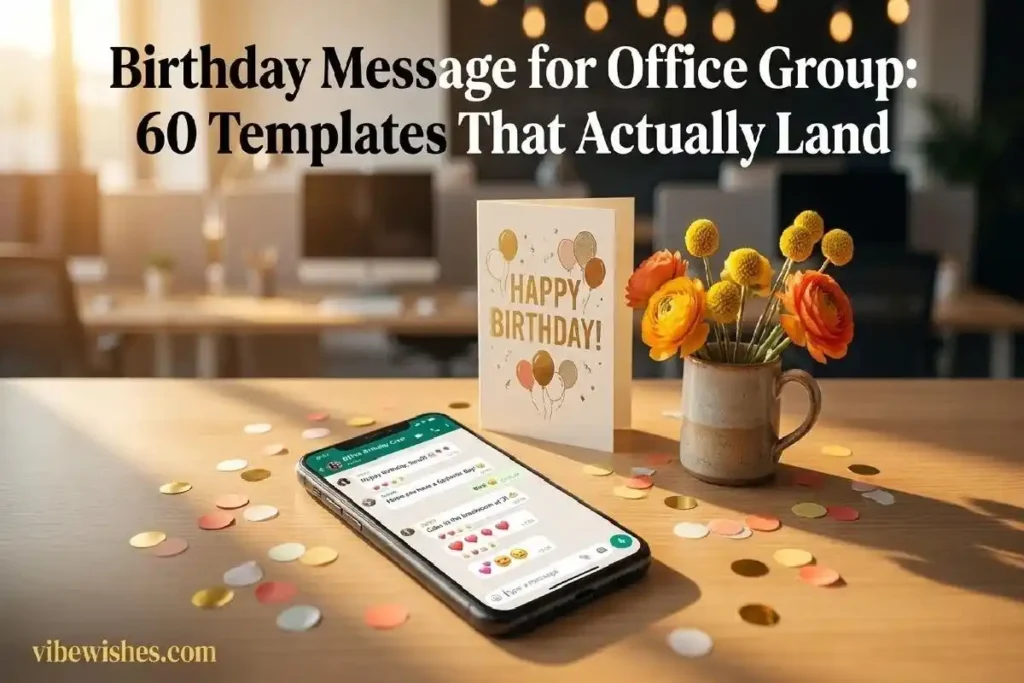 "Smartphone showing office WhatsApp group birthday messages on a decorated office desk representing the perfect birthday message for office group"