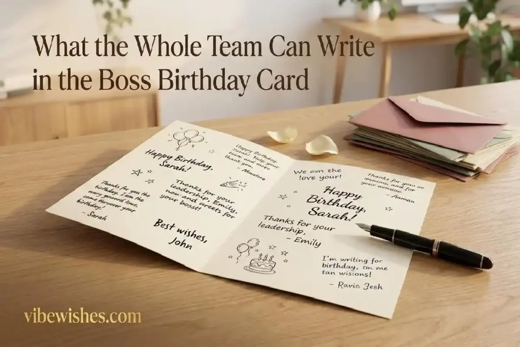 "Open birthday card with fountain pen on executive desk representing the perfect wording for what to write in a boss birthday card"