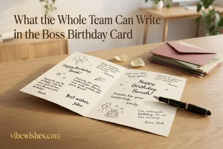 "Open birthday card with fountain pen on executive desk representing the perfect wording for what to write in a boss birthday card"