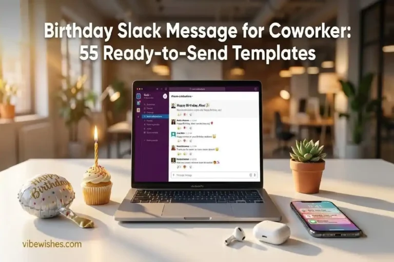 "Laptop showing Slack birthday message thread on office desk representing the best birthday Slack message for coworker templates"