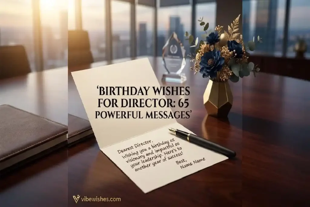 "Elegant birthday card with fountain pen on executive boardroom table representing powerful birthday wishes for a director"