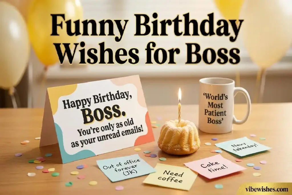 "Humorous birthday card on office desk with coffee mug sticky notes and cake representing funny birthday wishes for boss"