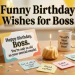 "Humorous birthday card on office desk with coffee mug sticky notes and cake representing funny birthday wishes for boss"