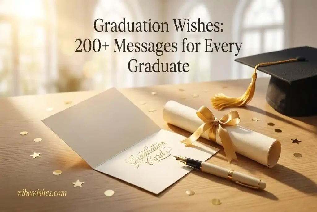 "Open graduation card beside a diploma and graduation cap on a warm oak desk representing heartfelt graduation wishes for every graduate"