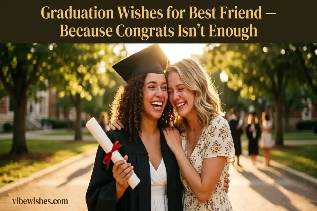 "Two best friends celebrating graduation together representing heartfelt graduation wishes for best friend"