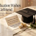 "Romantic graduation cap and handwritten card with rose on marble surface representing sweet graduation wishes for girlfriend"