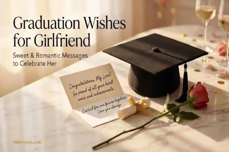 "Romantic graduation cap and handwritten card with rose on marble surface representing sweet graduation wishes for girlfriend"