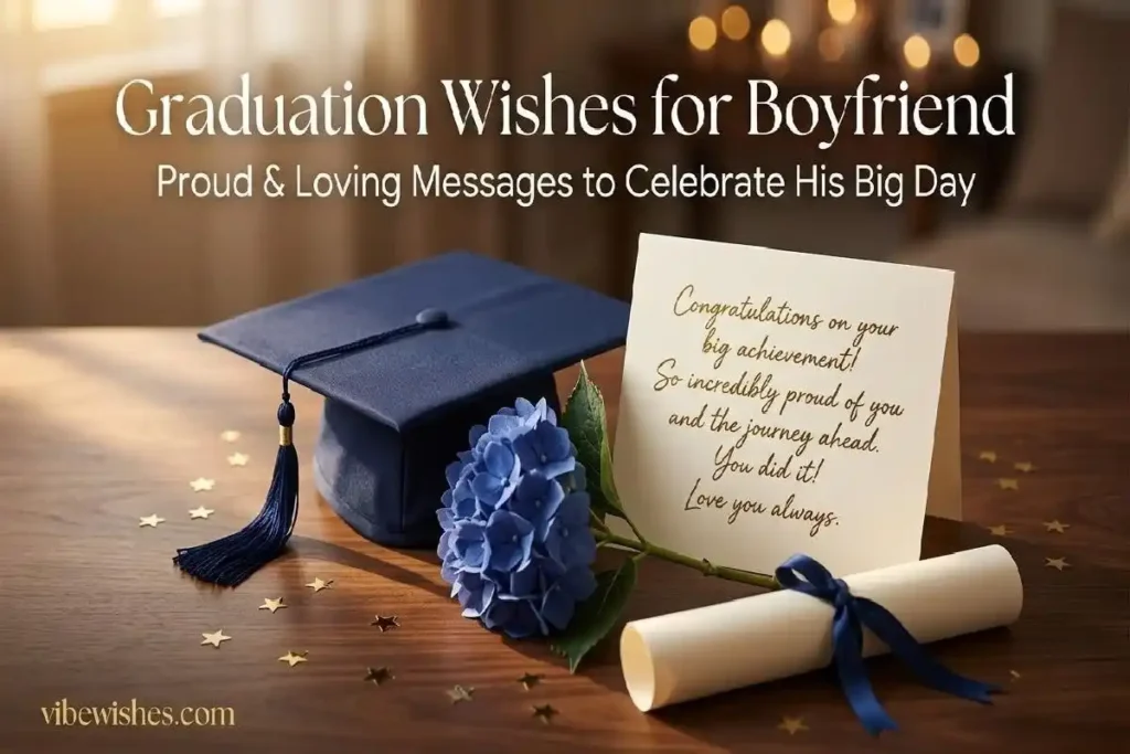 "Romantic graduation cap and handwritten card on dark walnut surface representing proud and loving graduation wishes for boyfriend"
