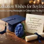 "Romantic graduation cap and handwritten card on dark walnut surface representing proud and loving graduation wishes for boyfriend"