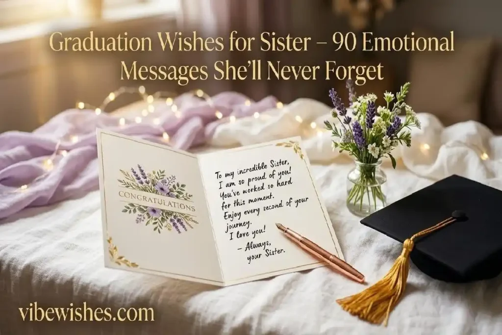 "Graduation card with handwritten message and graduation cap on soft linen surface representing heartfelt graduation wishes for sister"