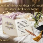 "Graduation card with handwritten message and graduation cap on soft linen surface representing heartfelt graduation wishes for sister"