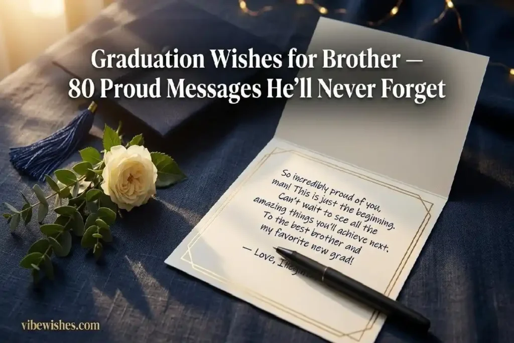 "Graduation card with handwritten message and cap on dark navy linen representing heartfelt graduation wishes for brother"