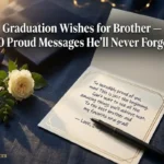 "Graduation card with handwritten message and cap on dark navy linen representing heartfelt graduation wishes for brother"